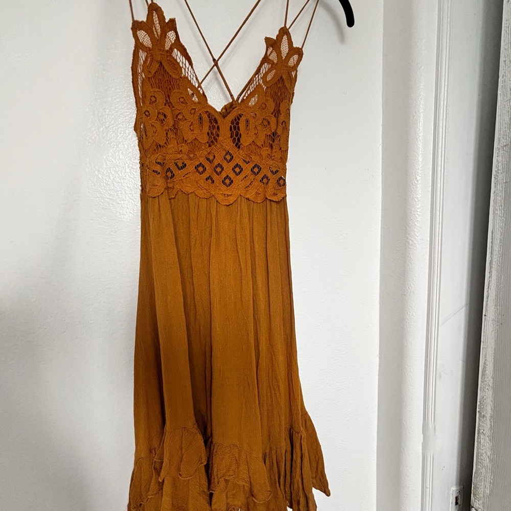 Free People Crochet Bodice Spaghetti Strap Mini Dress in Mustard